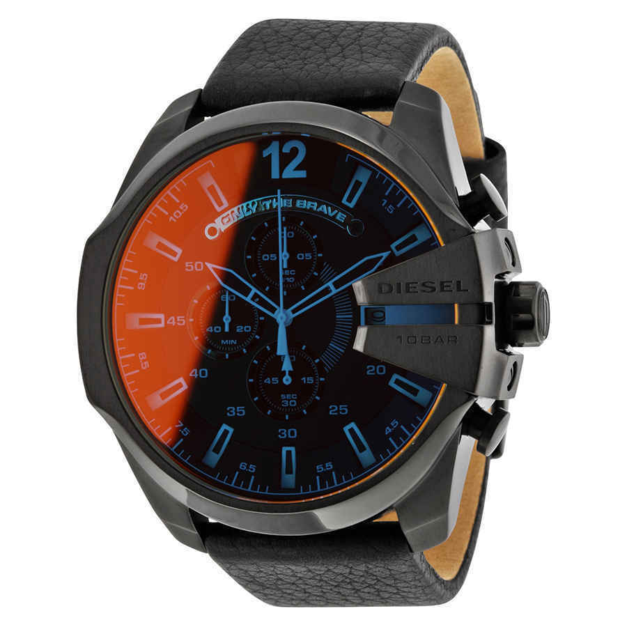 Diesel Mega Chief Chronograph Black Dial Black Leather Strap Watch For Men - DZ4323