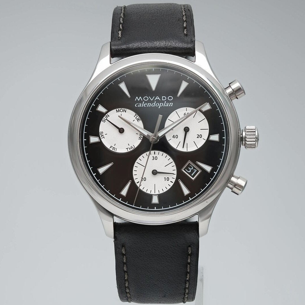 Movado Heritage Chronograph Black Dial Black Leather Strap Watch for Men - 3650005