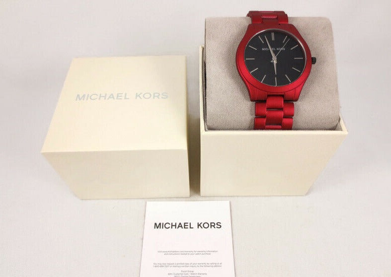Michael Kors Slim Runway Quartz Black Dial Red Steel Strap Watch for Men - MK8712