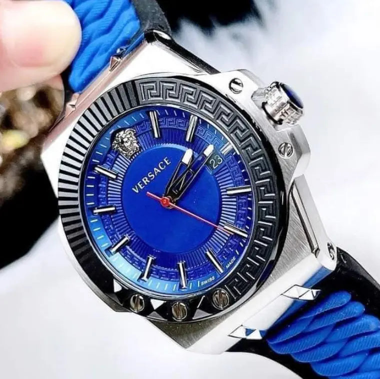 Versace Chain Reaction Blue Dial Two Tone Leather Strap Watch for Men - VEDY00119