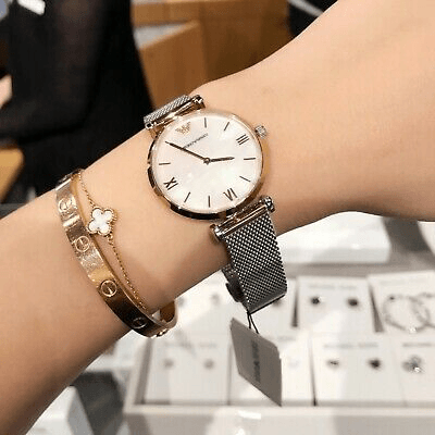 Emporio Armani Retro Mother of Pearl Dial Silver Mesh Bracelet Watch For Women - AR2067