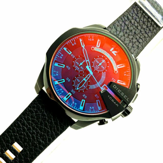 Diesel Mega Chief Chronograph Black Dial Black Leather Strap Watch For Men - DZ4323