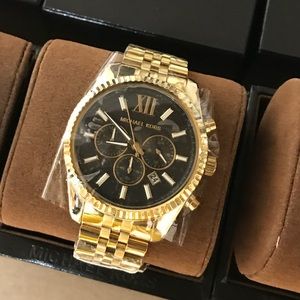 Michael Kors Lexington Chronograph Black Dial Gold Steel Strap Watch for Men - MK8286