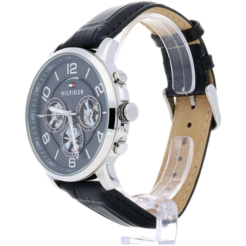 Tommy Hilfiger Keagan Quartz Grey Dial Black Leather Strap Watch for Men - 1791289