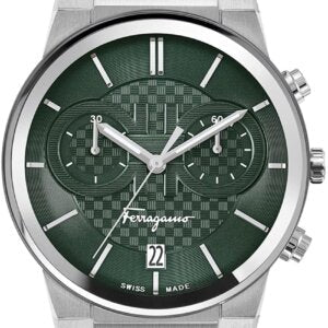 Salvatore Ferragamo Sapphire Chrono Green Dial Silver Steel Strap Watch for Men - SFME00421