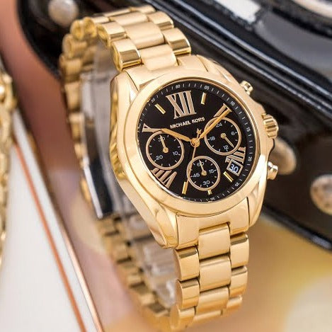 Michael Kors Bradshaw Chronograph Black Dial Gold Steel Strap Watch For Women - MK6959