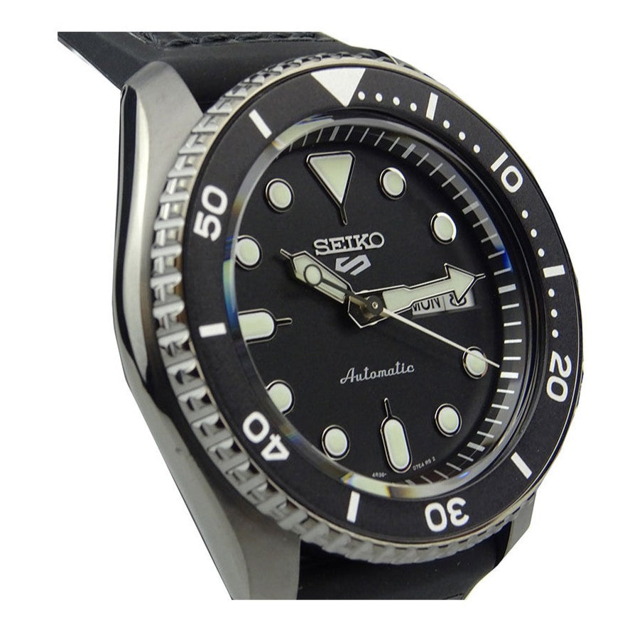 Seiko 5 Sport Automatic Black Dial Black Silicone Strap Watch For Men - SRPD65K3