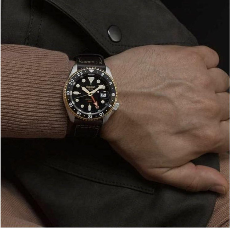 Seiko 5 Sports SKX GMT Automatic Mocha Black Dial Brown Leather Strap Watch For Men - SSK036K1