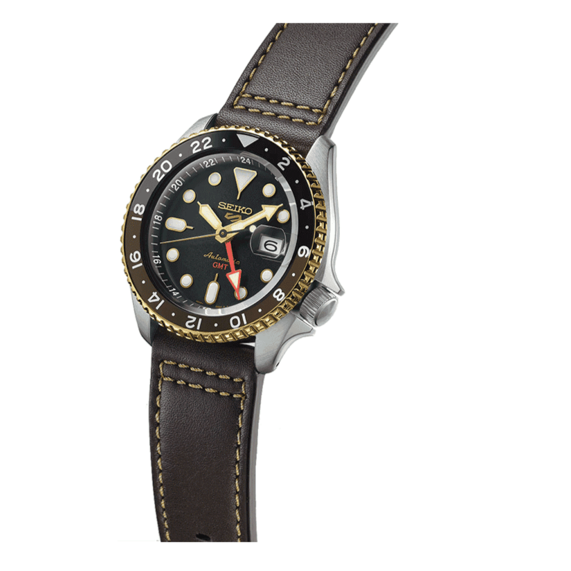 Seiko 5 Sports SKX GMT Automatic Mocha Black Dial Brown Leather Strap Watch For Men - SSK036K1