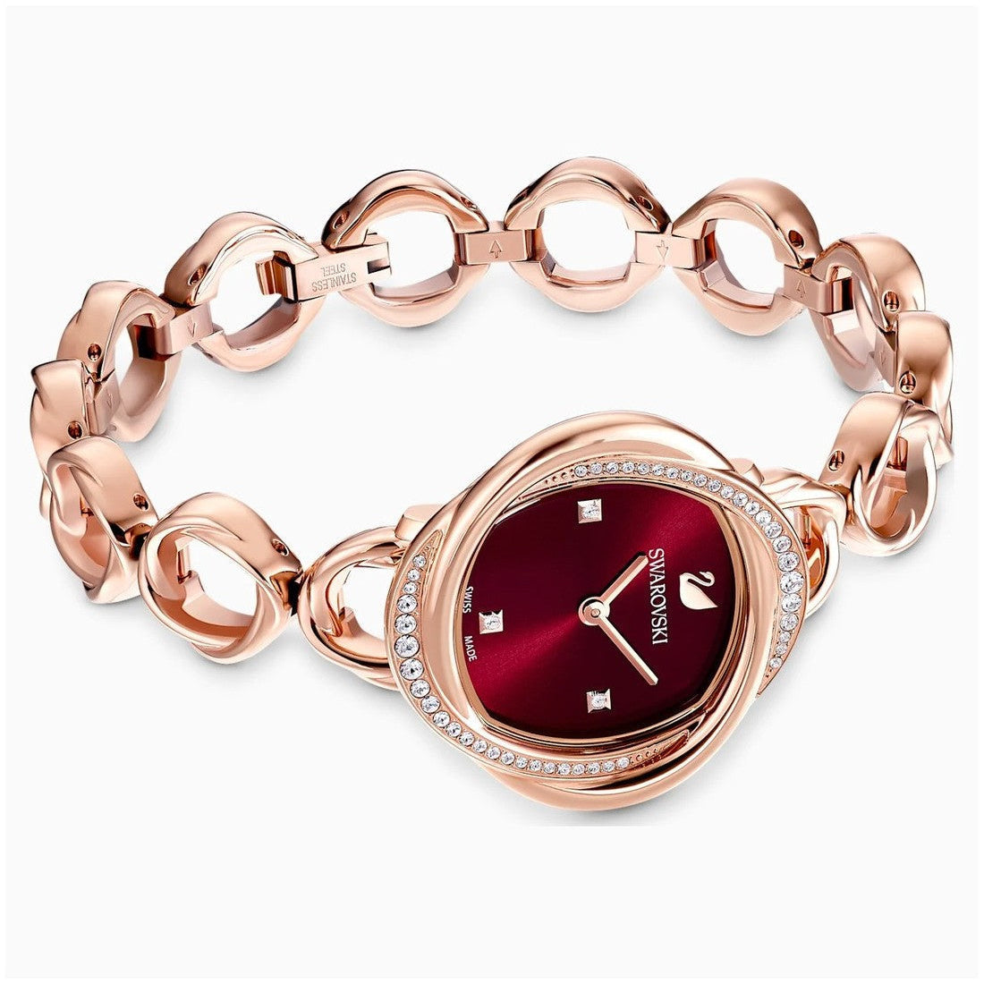 Swarovski Crystal Flower Red Dial Rose Gold Steel Strap Watch for Women - 5552783