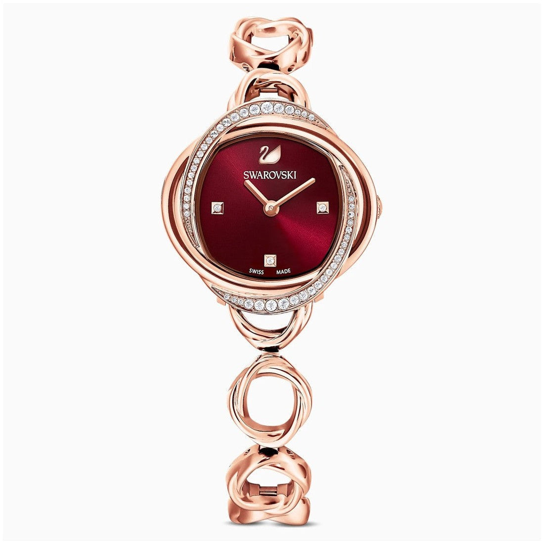 Swarovski Crystal Flower Red Dial Rose Gold Steel Strap Watch for Women - 5552783