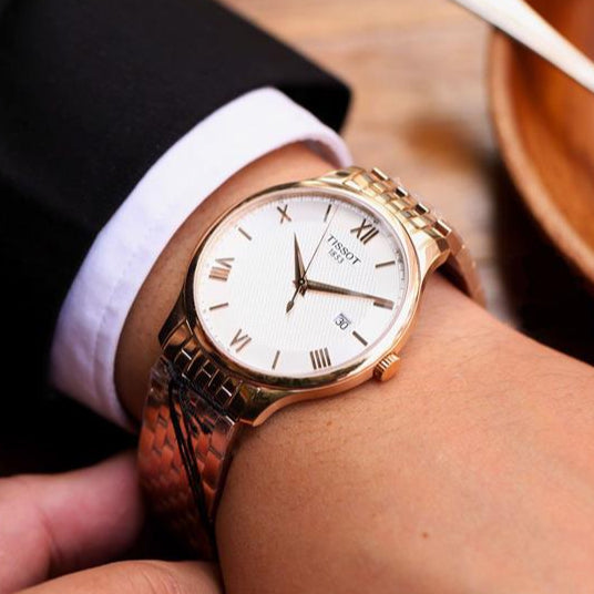 Tissot T Classic Tradition White Dial Rose Gold Steel Strap Watch For Women - T063.610.33.038.00