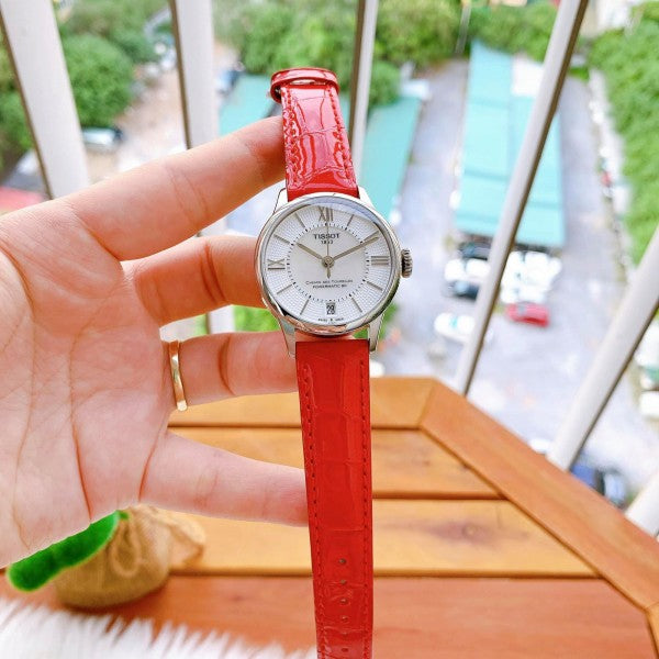 Tissot Chemin Des Tourelles Powermatic 80 Mother of Pearl White Dial Red Leather Strap Watch For Women - T099.207.16.118.00