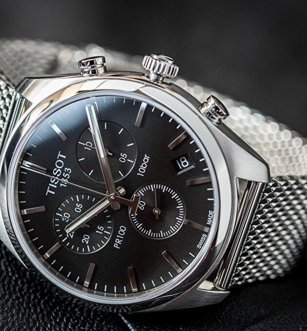 Tissot PR 100 Chronograph Black Dial Silver Mesh Bracelet Watch For Men - T101.417.11.051.01