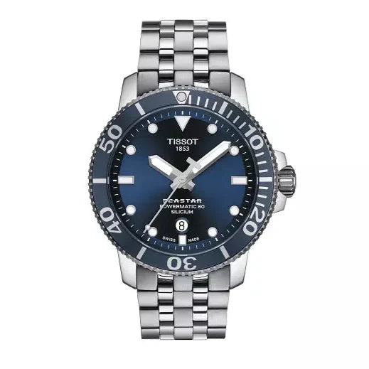 Tissot T Sport Seastar 1000 Powermatic Silicium Blue Dial Silver Steel Strap Watch For Men - T120.407.11.041.01