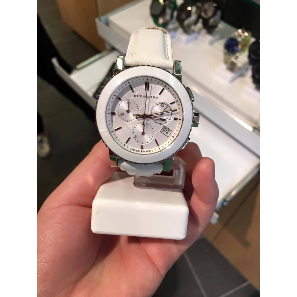 Burberry City Chronograph White Dial White Leather Strap Watch For Women - BU9701