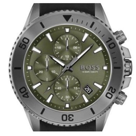 Hugo Boss Admiral Chronograph Green Dial Black Rubber Strap Watch for Men - 1513967
