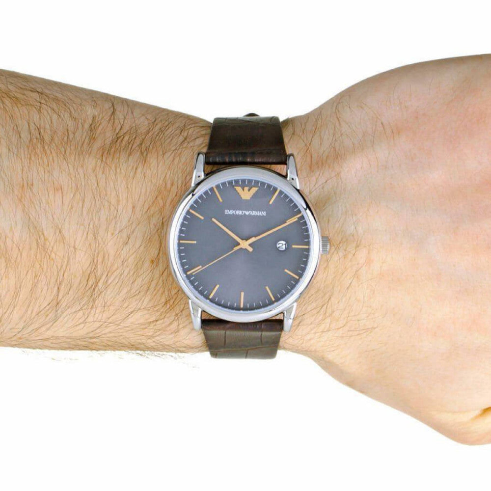 Emporio Armani Luigi Quartz Gray Dial Brown Leather Strap Watch For Men - AR1996
