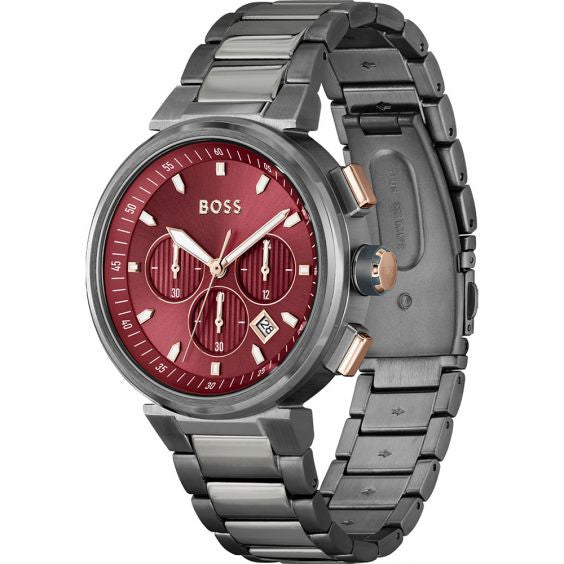 Hugo Boss One Chronograph Red Dial Grey Steel Strap Watch For Men - 1514000