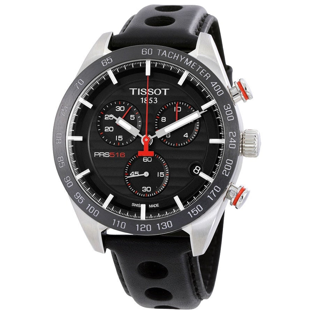 Tissot PRS 516 Chronograph Black Dial Black Leather Strap Watch For Men - T100.417.16.051.00