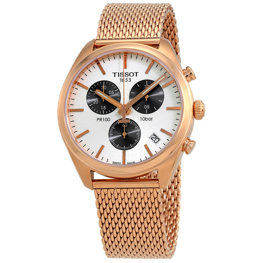 Tissot T Classic PR 100 Chronograph Silver Dial Rose Gold Mesh Bracelet Watch For Men - T101.417.33.031.01