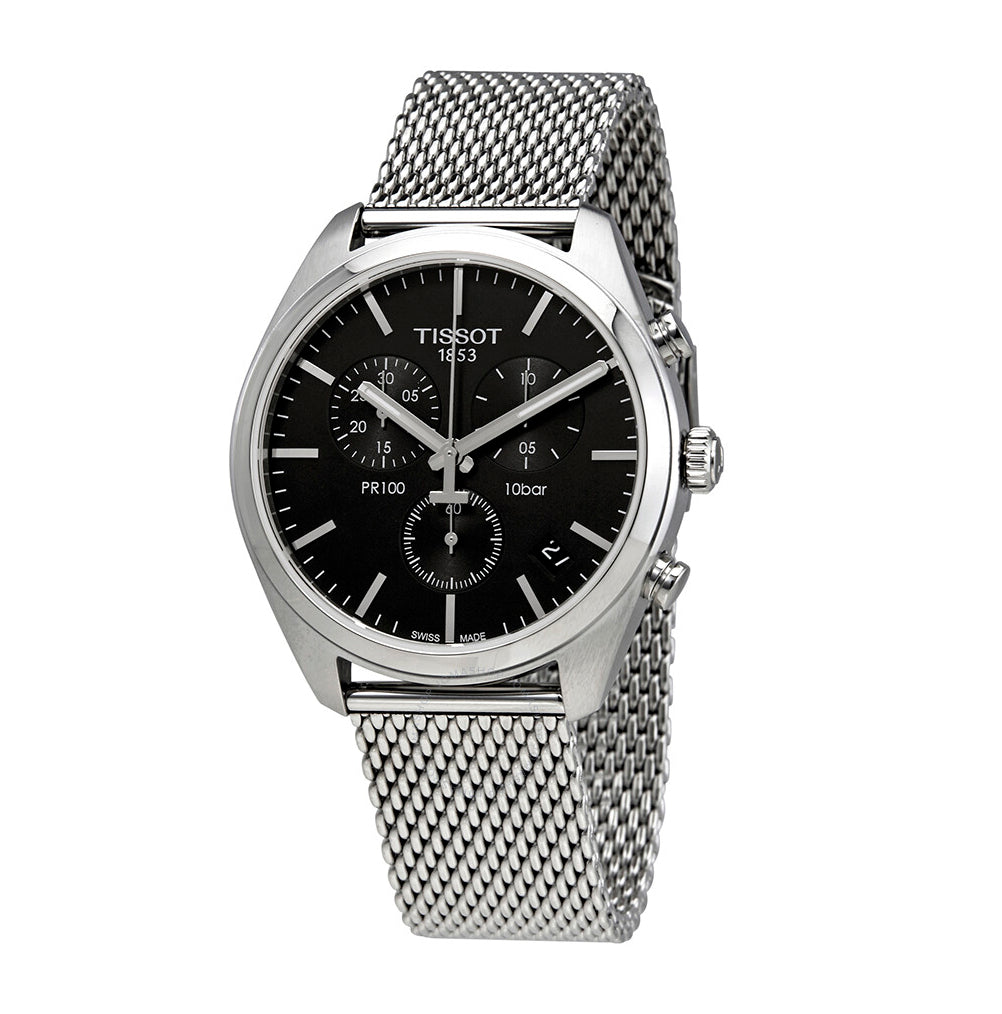 Tissot PR 100 Chronograph Black Dial Silver Mesh Bracelet Watch For Men - T101.417.11.051.01