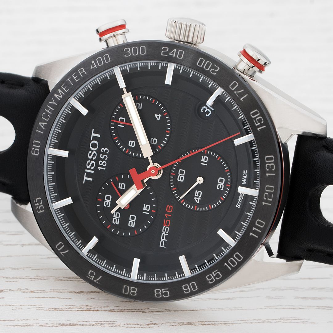 Tissot PRS 516 Chronograph Black Dial Black Leather Strap Watch For Men - T100.417.16.051.00