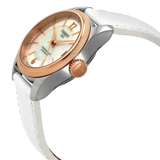 Tissot T-Classic Powermatic 80 Mother of Pearl Silver Dial White Leather Strap Watch For Women - T108.208.26.117.00