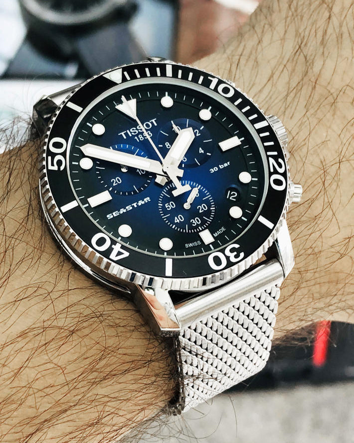 Tissot Seastar 1000 Chronograph Blue Dial Silver Mesh Bracelet Watch For Men - T120.417.11.041.02