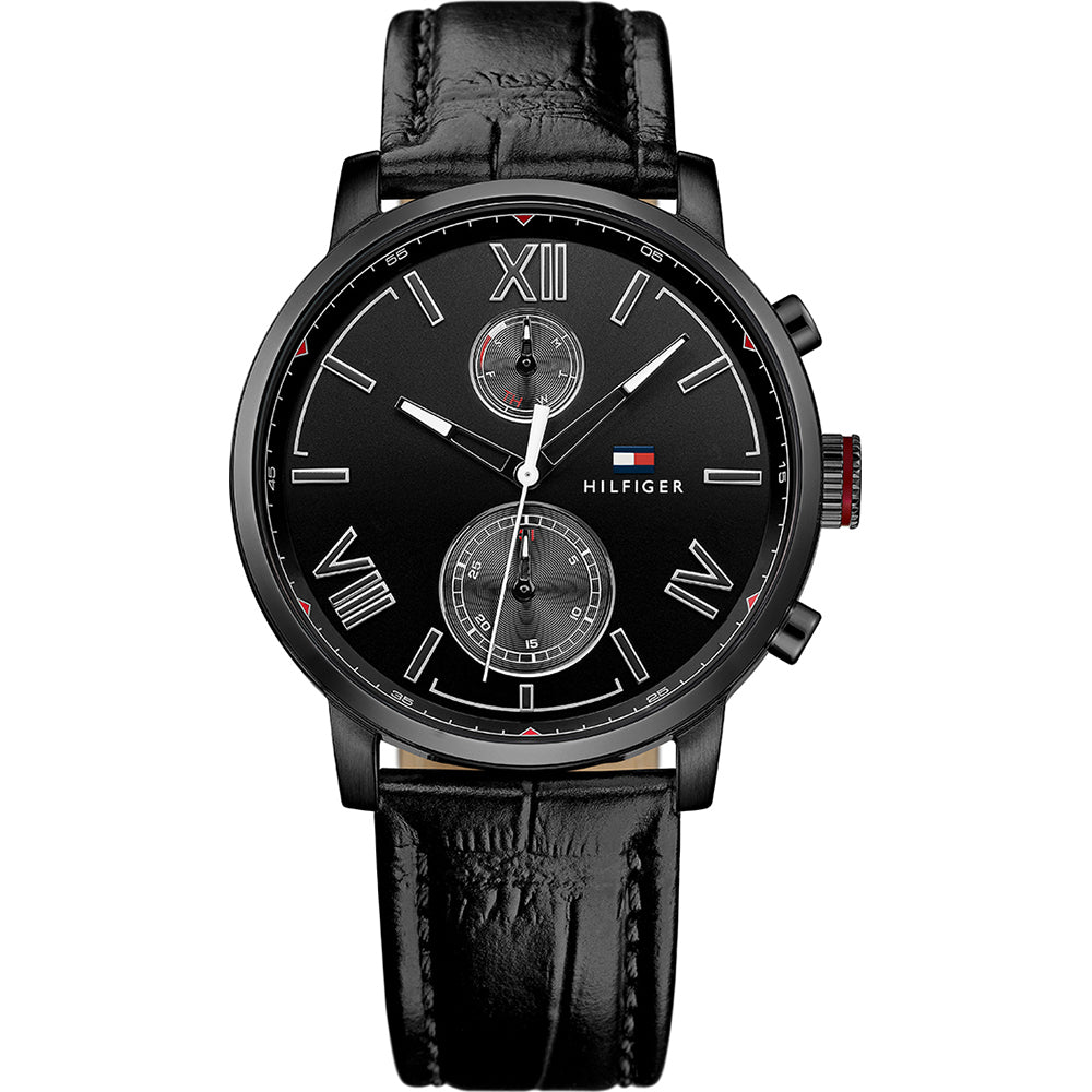 Tommy Hilfiger Aden Chronograph Black Dial Black Leather Strap Watch for Men - 1791310