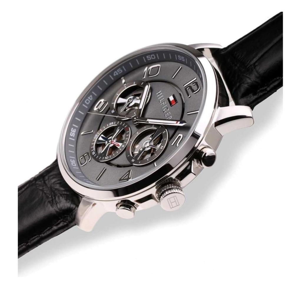 Tommy Hilfiger Keagan Quartz Grey Dial Black Leather Strap Watch for Men - 1791289