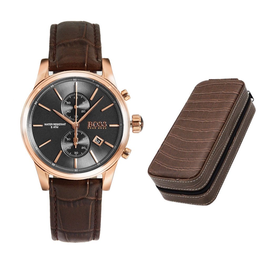 Hugo Boss Jet Chronograph Grey Dial Brown Leather Strap Watch for Men - 1513281