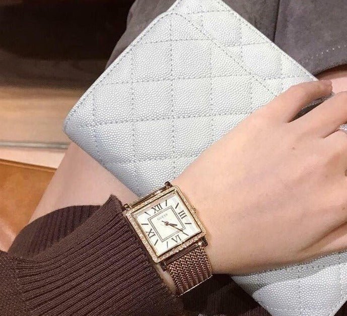 Guess Highline Off White Dial Rose Gold Stainless Steel Mesh Strap Watch For Women - W0826L3