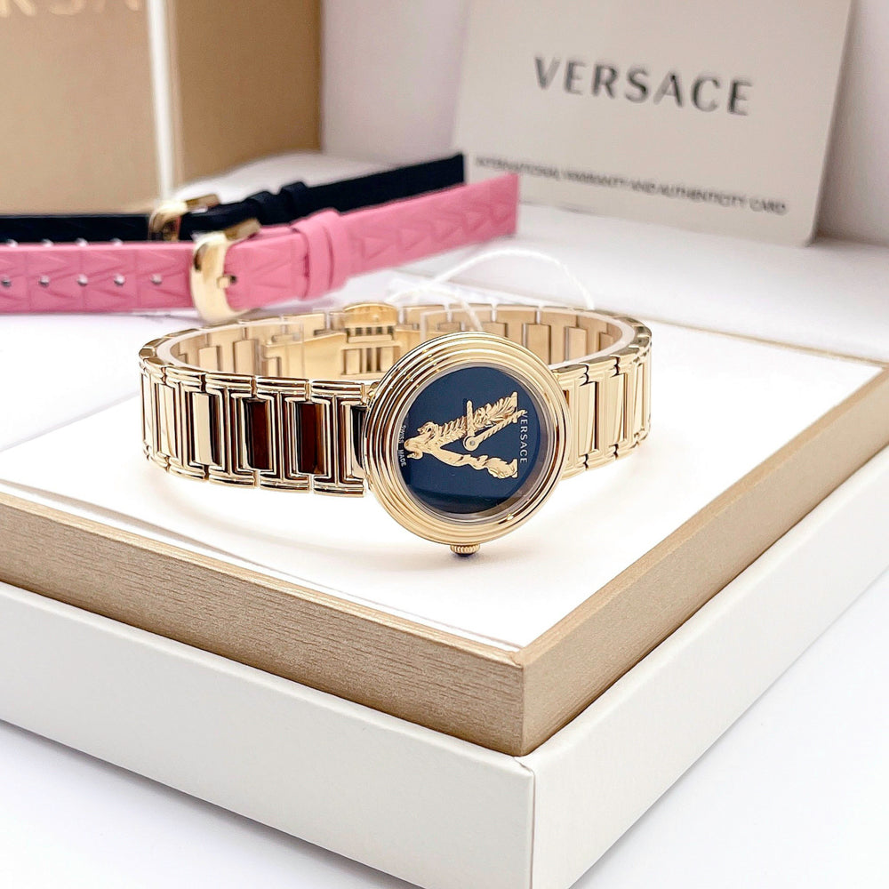 Versace V Virtus Quartz Black Dial Gold Steel Strap Watch For Women - VET300121