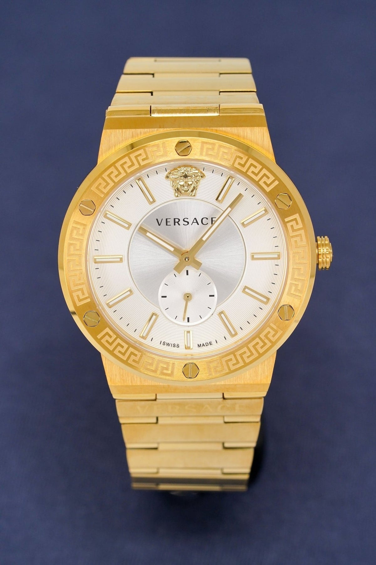 Versace Greca Silver Dial Gold Steel Strap Watch for Men - VEVI00520