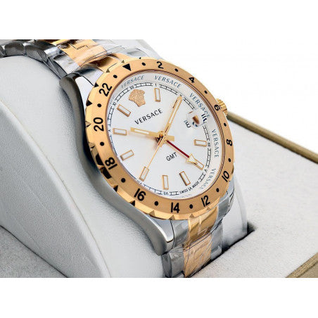 Versace Hellenyium GMT Silver Dial Two Tone Steel Strap Watch for Men - V11030015