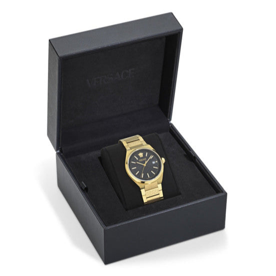 Versace V-Auria Quartz Black Dial Gold Steel Strap Watch for Men - VE0F00525