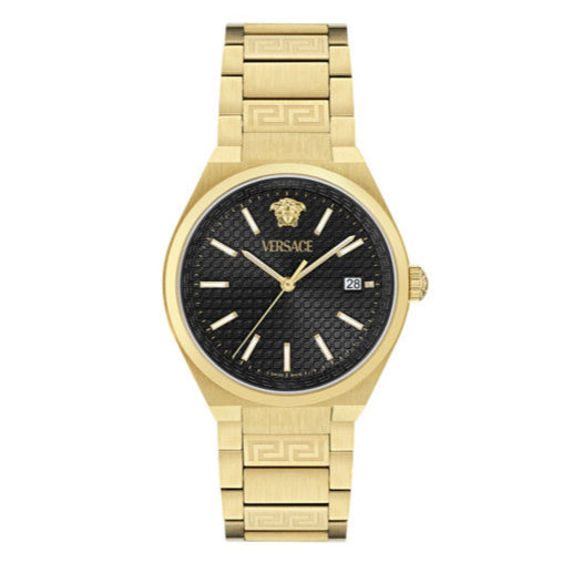 Versace V-Auria Quartz Black Dial Gold Steel Strap Watch for Men - VE0F00525