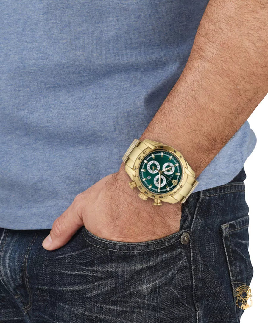 Versace V-Ray Chronograph Green Dial Gold Steel Strap Watch For Men - VE2I00621