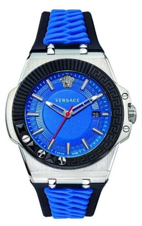 Versace Chain Reaction Blue Dial Two Tone Leather Strap Watch for Men - VEDY00119