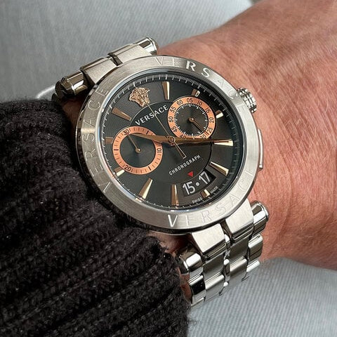 Versace Aion Chronograph Analog Black Dial Silver Steel Strap Watch For Men - VE1D01019