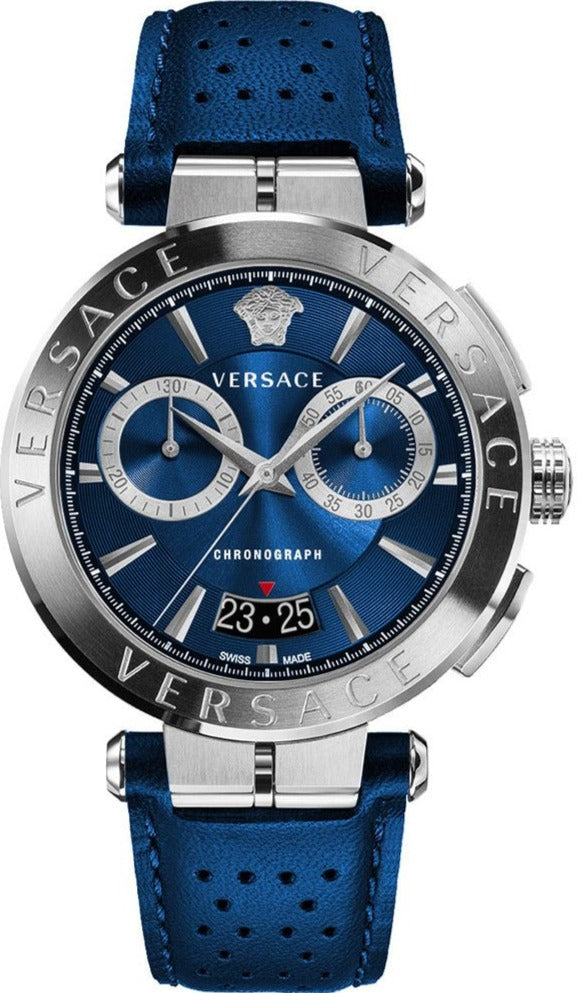 Versace Aion Chronograph Blue Dial Blue Leather Strap Watch for Men - VE1D01220