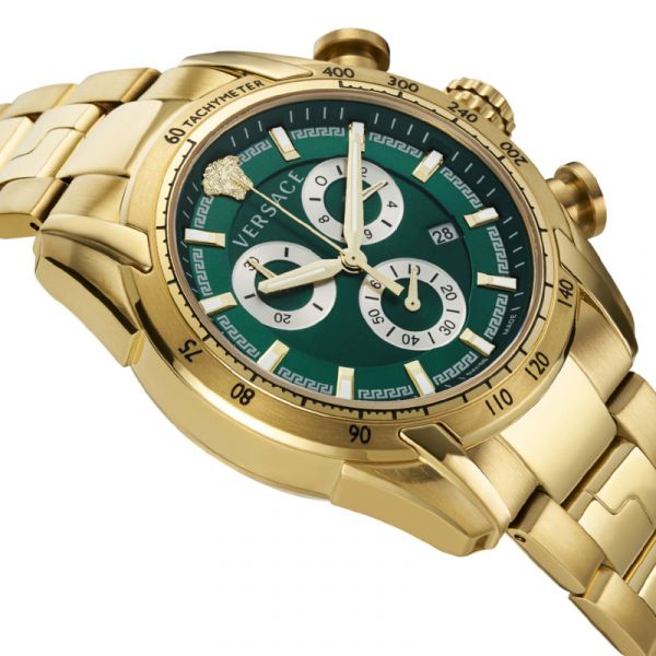 Versace V-Ray Chronograph Green Dial Gold Steel Strap Watch For Men - VE2I00621