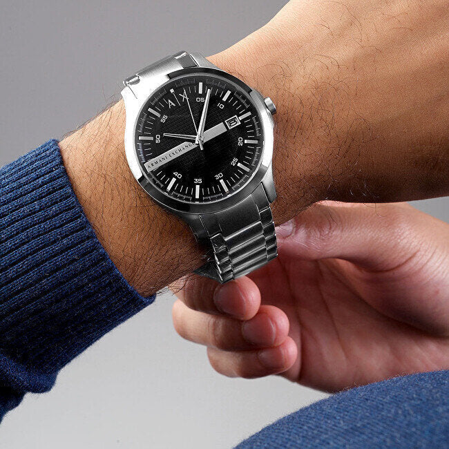 Armani Exchange Hampton Chronograph Black Dial Silver Steel Strap Watch For Men - AX2103