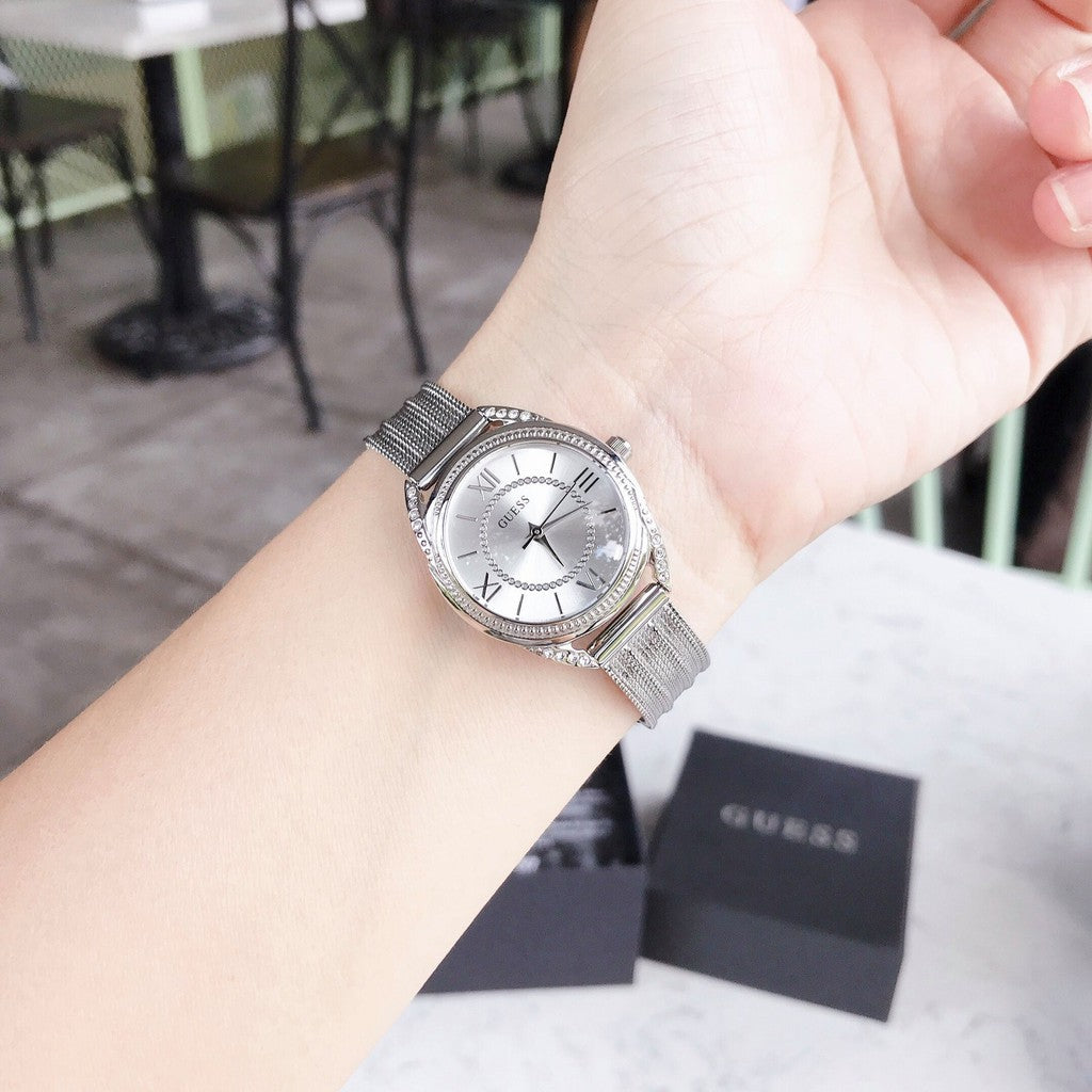 Guess Whisper Silver Dial Silver Mesh Bracelet Watch for Women - W1084L1