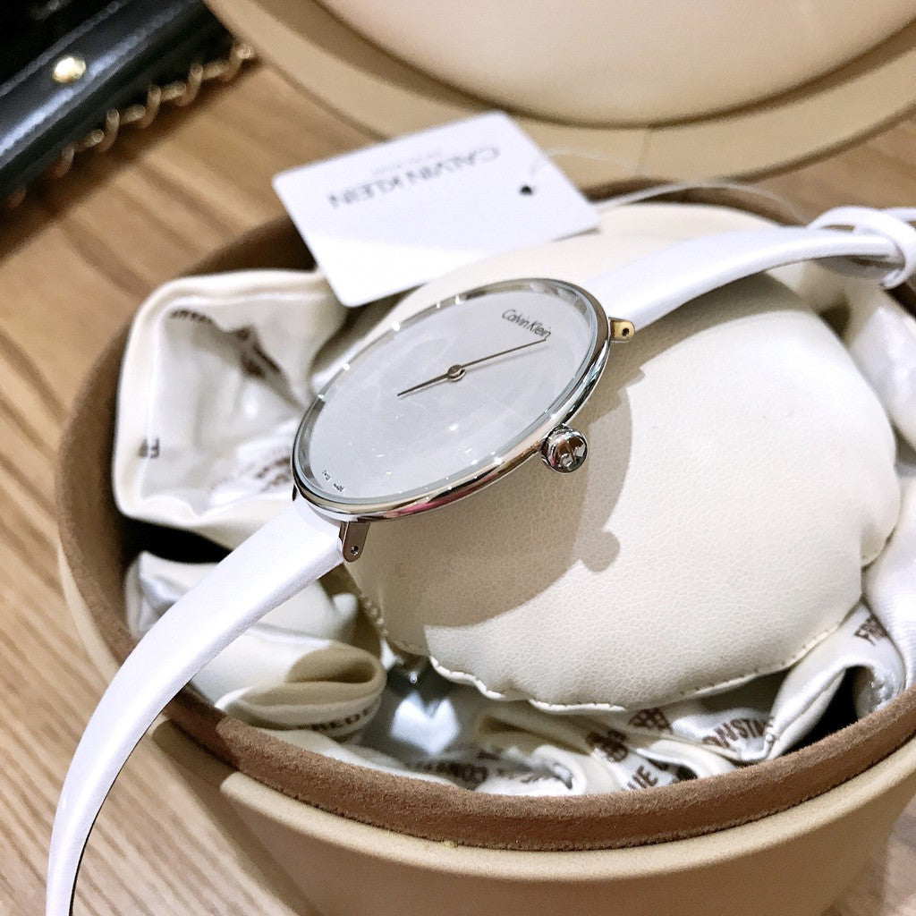 Calvin Klein Rise White Grey Dial White Leather Strap Watch for Women - K7A231L6