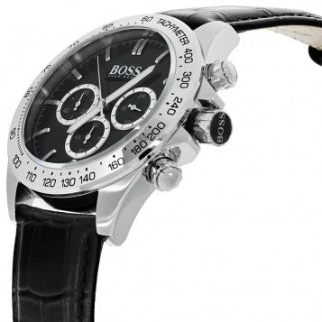 Hugo Boss Ikon Chronograph Black Dial Black Leather Strap Watch for Men - 1513178