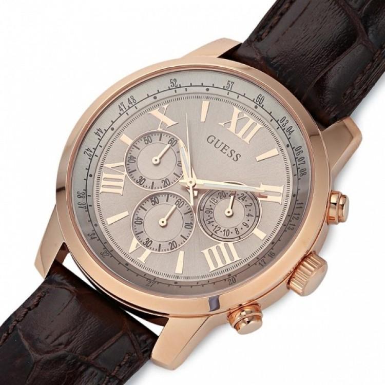 Guess Horizon Quartz Champagne Dial Brown Leather Strap Watch For Women - W0380G4