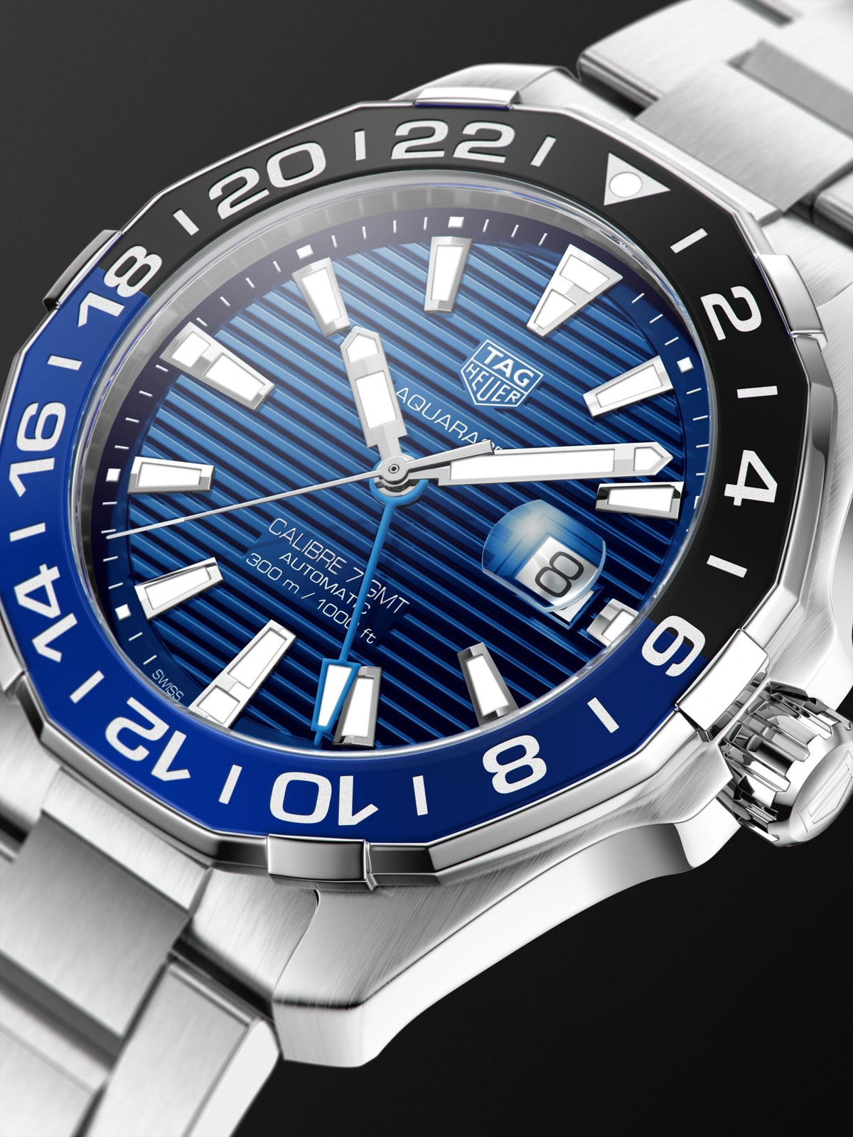 Tag Heuer Aquaracer GMT Calibre 6 Automatic Blue Dial Silver Steel Strap Watch for Men - WAY201T.BA0927