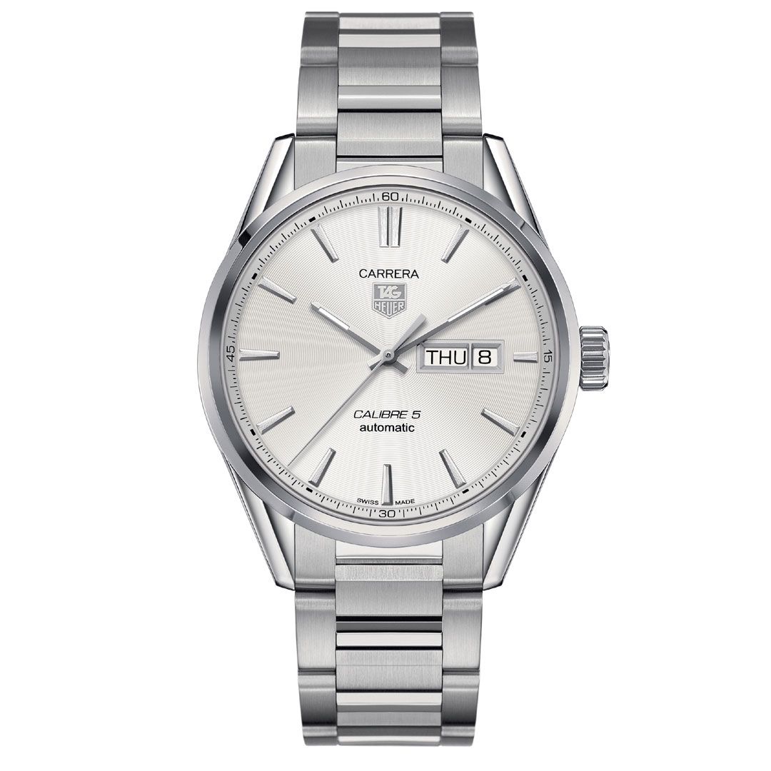 Tag Heuer Carrera Calibre 5 Automatic White Dial Silver Steel Strap Watch for Men - WAR201B.BA0723